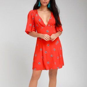 Mockingbird Coral Red Floral Print Backless Mini Dress